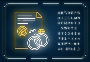 Divorce neon light icon. Formal ending of marriage. Legal separation. Marriage disolution. Breakup. Outer glowing effect. Sign with alphabet, numbers and symbol. Vector isolated RGB color illustration