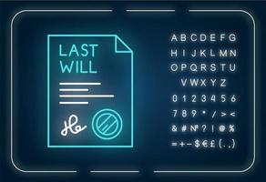 Signed last will neon light icon. Document with stamp. Notarized testament. Apostille. Outer glowing effect. Sign with alphabet, numbers and symbols. Vector isolated RGB color illustration