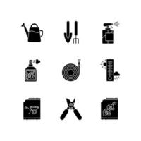 Indoor gardening tools and materials black glyph icons set on white space. Garden inventory. Houseplant caring equipment. Gardeners kit. Silhouette symbols. Vector isolated illustration