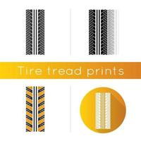 Tire tread icon. Detailed automobile, motorcycle tyre marks. Directional car wheel trace with thin grooves. Vehicle tire trail. Linear black and RGB color styles. Isolated vector illustrations