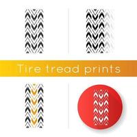 Track tread icon. Detailed automobile, motorcycle tyre marks. Car wheel trace with thick grooves. Vehicle zigzag-shaped tire trail. Linear black and RGB color styles. Isolated vector illustrations