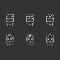 Hair loss chalk white icons set on black background. Baldness process stages. Male alopecia conditions. Dermatology problem with scalp. Aging and stress. Isolated vector chalkboard illustrations