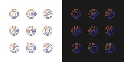 Vr rules gradient manual label icons set for dark and light mode. Thin line contour symbols bundle. Isolated vector outline illustrations collection on black and white for product use instructions