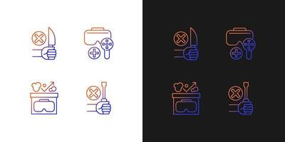 VR guidance gradient manual label icons set for dark and light mode. Thin line contour symbols bundle. Isolated vector outline illustrations collection on black and white for product use instructions