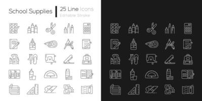 School supplies linear icons set for dark and light mode. Must-have items for back to school. Art classroom. Customizable thin line symbols. Isolated vector outline illustrations. Editable stroke