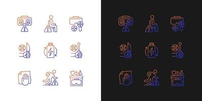 Vr guide gradient manual label icons set for dark and light mode. Thin line contour symbols bundle. Isolated vector outline illustrations collection on black and white for product use instructions