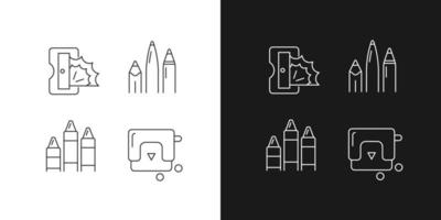 Painter essentials linear icons set for dark and light mode. Pens and pencils. Prism sharpener. Colored crayons. Customizable thin line symbols. Isolated vector outline illustrations. Editable stroke