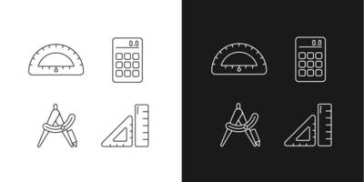 Iconos lineales de herramientas de estudiante de arquitectura para modo oscuro y claro. suministros de redacción. calculadora. herramienta de brújula. símbolos de línea fina personalizables. ilustraciones de contorno de vector aislado. trazo editable