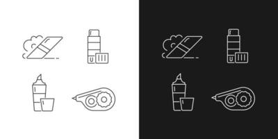 School accessories linear icons set for dark and light mode. Eraser for artistic use. Glue stick. Highlighter. Customizable thin line symbols. Isolated vector outline illustrations. Editable stroke