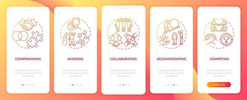 estrategias de resolución de conflictos pantalla roja de la página de la aplicación móvil incorporada. Tutorial de relaciones de trabajo Instrucciones gráficas de 5 pasos con conceptos. ui, ux, plantilla de vector de interfaz gráfica de usuario con ilustraciones en color lineal