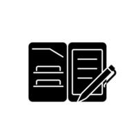 Portfolio folder black glyph icon. Keeping paper documents safely. Carrying papers and drawings in case. Keep office documents organized. Silhouette symbol on white space. Vector isolated illustration