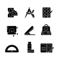 Back to school shopping black glyph icons set on white space. Pencil sharpener. Drafting supplies. Art tools. Hole-punch. School bag. Glue stick. Silhouette symbols. Vector isolated illustration