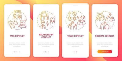 Conflict types red onboarding mobile app page screen. Work relations walkthrough 4 steps graphic instructions with concepts. UI, UX, GUI vector template with linear color illustrations