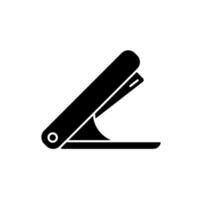 Stapler black glyph icon. Mechanical tool for joining document pages together. School accessory. Stapling device. Fastening paper sheets. Silhouette symbol on white space. Vector isolated illustration