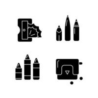 Painter essentials black glyph icons set on white space. Pens and pencils. Prism sharpener. Colored crayons. Paper puncher. Art classroom. Silhouette symbols. Vector isolated illustration