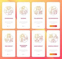 Conflict management red onboarding mobile app page screen set. Work relations walkthrough 4 steps graphic instructions with concepts. UI, UX, GUI vector template with linear color illustrations