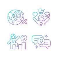 Mainstream feminism gradient linear vector icons set. Women rights movement across globe. Full-time working mom. Thin line contour symbols bundle. Isolated outline illustrations collection