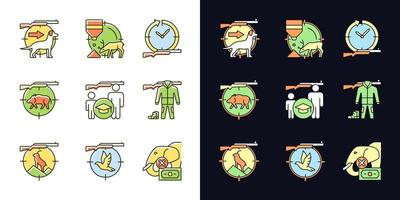 Animal hunter light and dark theme RGB color icons set. Dog handler. Goat, boar hunting. Illegal animal trade. Isolated vector illustrations on white and black space. Simple filled line drawings pack