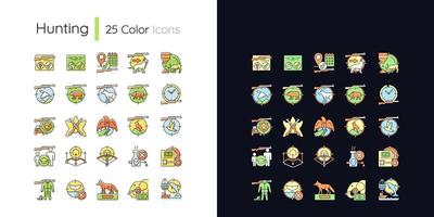 Hunting light and dark theme RGB color icons set. Wildlife animal and bird hunt. Pursue and capture prey. Isolated vector illustrations on white and black space. Simple filled line drawings pack