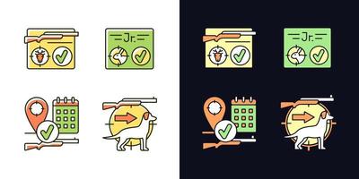 Hunting regulations light and dark theme RGB color icons set. Resident and junior hunting license. Isolated vector illustrations on white and black space. Simple filled line drawings pack