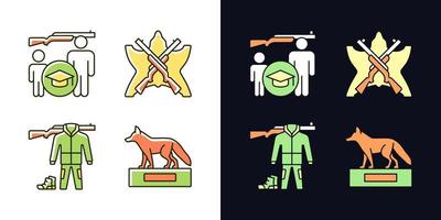 Hunting trophy and equipment light and dark theme RGB color icons set. Hunting junior education. Hunt trophy. Isolated vector illustrations on white and black space. Simple filled line drawings pack