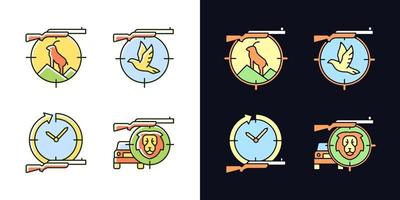 Hunting types light and dark theme RGB color icons set. Mountain hunting. Pigeon shooting. Day and night hunt. Isolated vector illustrations on white and black space. Simple filled line drawings pack