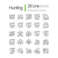 Hunting linear icons set. Wildlife animal and bird hunt. Pursue and capture prey. Shooting and trapping. Customizable thin line contour symbols. Isolated vector outline illustrations. Editable stroke