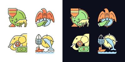 Illegal hunting light and dark theme RGB color icons set. Bait hunting. Dolphin and elephant cruel hunt. Isolated vector illustrations on white and black space. Simple filled line drawings pack