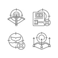 Hunting provisions and restrictions linear icons set. Archery. Bow and crossbow. Illegal whaling. Customizable thin line contour symbols. Isolated vector outline illustrations. Editable stroke