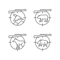 Big and small game hunting linear icons set. Hunting weapon to kill boar and deer. Hunter equipment. Customizable thin line contour symbols. Isolated vector outline illustrations. Editable stroke