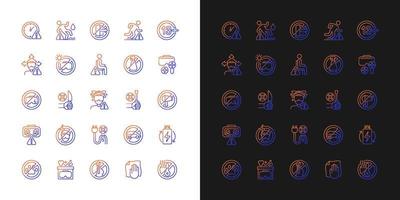 Vr headset gradient manual label icons set for dark and light mode. Thin line contour symbols bundle. Isolated vector outline illustrations collection on black and white for product use instructions