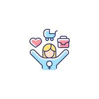 Work-life balance for female employee RGB color icon. Full-time working mom. Balancing job and family life. Double standard. Executive women. Isolated vector illustration. Simple filled line drawing