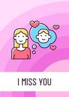 I miss you greeting card with color icon element. Postcard vector design. Thinking of romantic partner. Decorative flyer with creative illustration. Notecard with congratulatory message