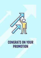 Congrats on your promotion greeting card with color icon element. Celebrating success at job. Postcard vector design. Decorative flyer with creative illustration. Notecard with congratulatory message