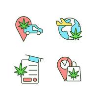 Worldwide cannabis industry RGB color icons set. Marijuana transportation. Travel industry. Cannabis store. Isolated vector illustrations. Simple filled line drawings collection. Editable stroke