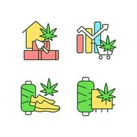 Cannabis products RGB color icons set. Hempcrete building material. Global legal marijuana market. Hemp fiber. Isolated vector illustrations. Simple filled line drawings collection. Editable stroke