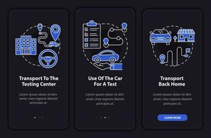 Road test services dark onboarding mobile app page screen. Driver school offer walkthrough 3 steps graphic instructions with concepts. UI, UX, GUI vector template with linear night mode illustrations