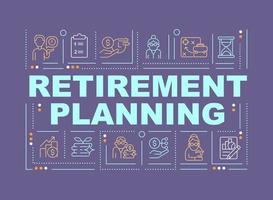 Pension planning word concepts banner. Estimating future expenses. Infographics with linear icons on purple background. Isolated creative typography. Vector outline color illustration with text