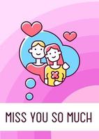 Miss you so much greeting card with color icon element. Romantic message for partner. Postcard vector design. Decorative flyer with creative illustration. Notecard with congratulatory message