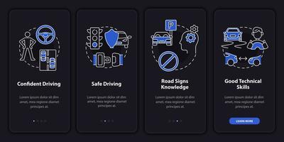 Driving course results dark onboarding mobile app page screen. Walkthrough 4 steps graphic instructions with concepts. UI, UX, GUI vector template with linear night mode illustrations