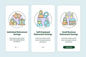 Types of savings onboarding mobile app page screen. Individual retirement savings walkthrough 3 steps graphic instructions with concepts. UI, UX, GUI vector template with linear color illustrations