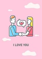 I love you greeting card with color icon element. Romantic relationship. Happy Valentines day. Postcard vector design. Decorative flyer with creative illustration. Notecard with congratulatory message