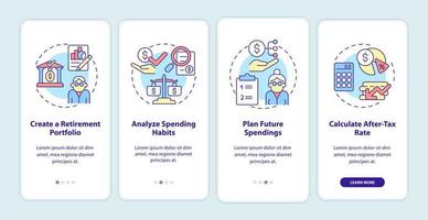 Saving money onboarding mobile app page screen. Analyze spending and money income walkthrough 4 steps graphic instructions with concepts. UI, UX, GUI vector template with linear color illustrations