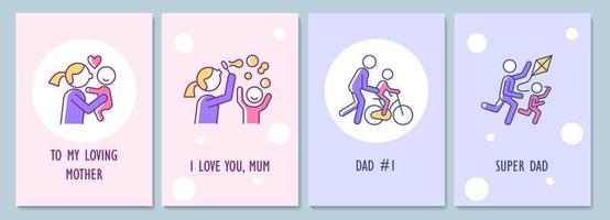 tarjeta de felicitación del día de la madre y el padre con conjunto de elementos de icono de color. para papá y mamá. diseño de vector de postal. volante decorativo con ilustración creativa. notecard con paquete de mensaje de felicitación