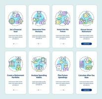 Retirement savings onboarding mobile app page screen. Financial independence plan walkthrough 4 steps graphic instructions with concepts. UI, UX, GUI vector template with linear color illustrations