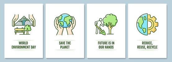 Tarjeta de felicitación del día mundial del medio ambiente con conjunto de elementos de icono de color. salvar el planeta. diseño de vector de postal. volante decorativo con ilustración creativa. notecard con paquete de mensaje de felicitación