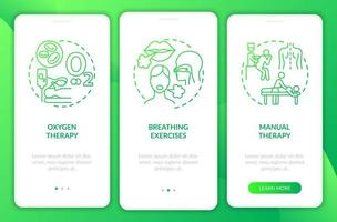 rehabilitación respiratoria degradado verde incorporación de la pantalla de la página de la aplicación móvil. tutorial instrucciones gráficas de 3 pasos con conceptos. ui, ux, plantilla de vector de interfaz gráfica de usuario con ilustraciones en color lineal