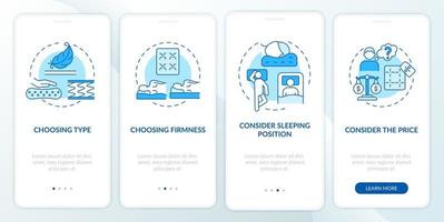 Choosing mattress blue onboarding mobile app page screen. Comfortable bedding walkthrough 4 steps graphic instructions with concepts. UI, UX, GUI vector template with linear color illustrations