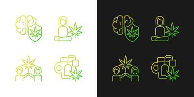 Cannabis and mental health gradient icons set for dark and light mode. Marijuana brain protection. Thin line contour symbols bundle. Isolated vector outline illustrations collection on black and white