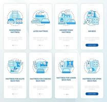 Mattress and spine health blue onboarding mobile app page screen set. Healthy sleep walkthrough 4 steps graphic instructions with concepts. UI, UX, GUI vector template with linear color illustrations